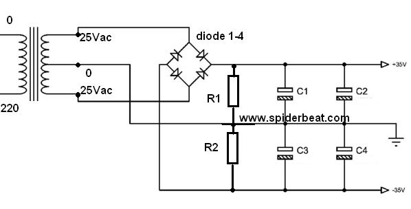 Rangkaian power supply untuk amplifier Lapangan Clas AB Layout